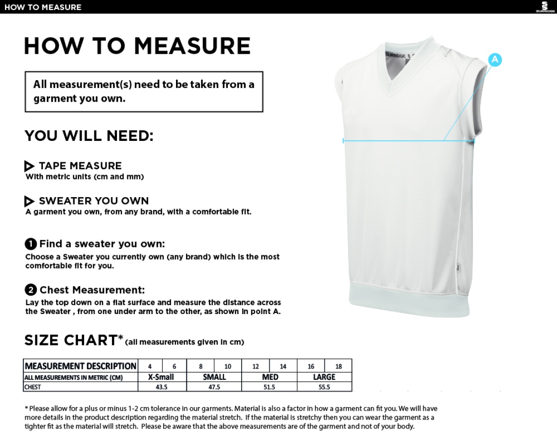 Ivanhoe CC - Blast Sleeveless Cricket Sweater - Women's Fit - Size Guide