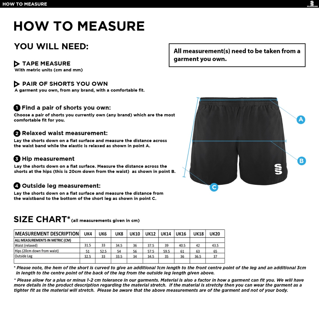 Ivanhoe CC - Performance Gym Short - Women's Fit - Size Guide