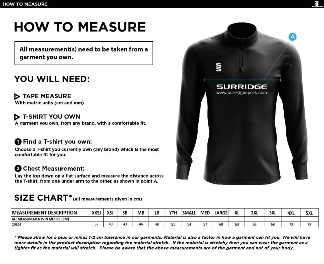 Ivanhoe CC - 1/4 Zip Dual Performance Top - Unisex Fit - Size Guide