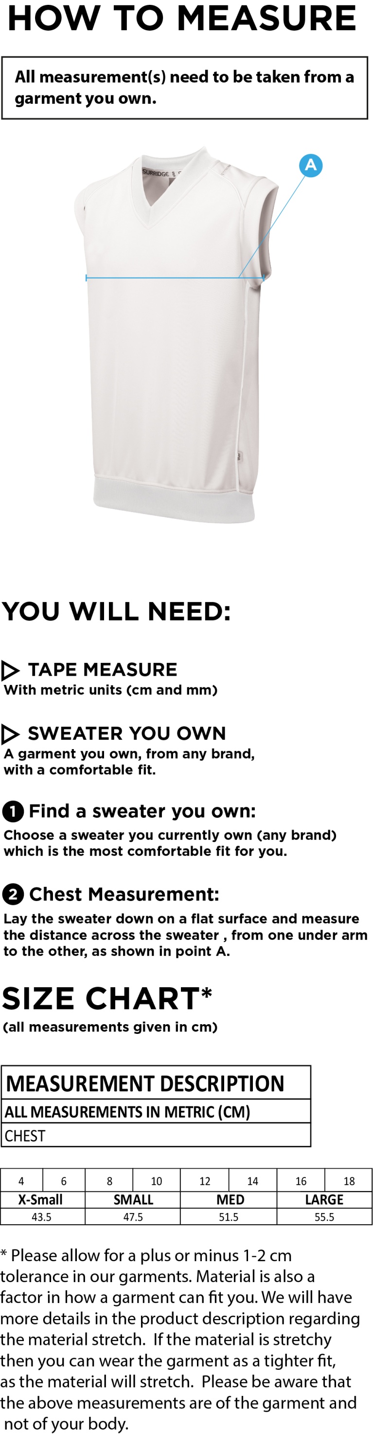 Ivanhoe CC - Blast Sleeveless Cricket Sweater - Women's Fit - Size Guide