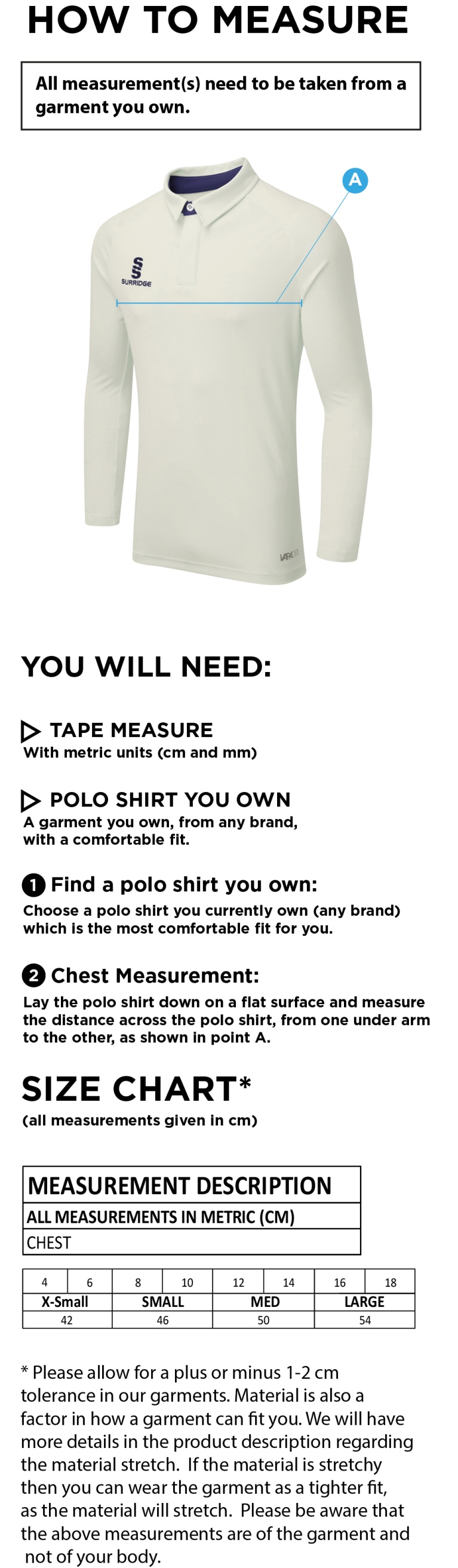 Ivanhoe CC - Dual Cricket Shirt Long Sleeve - Women's Fit - Size Guide