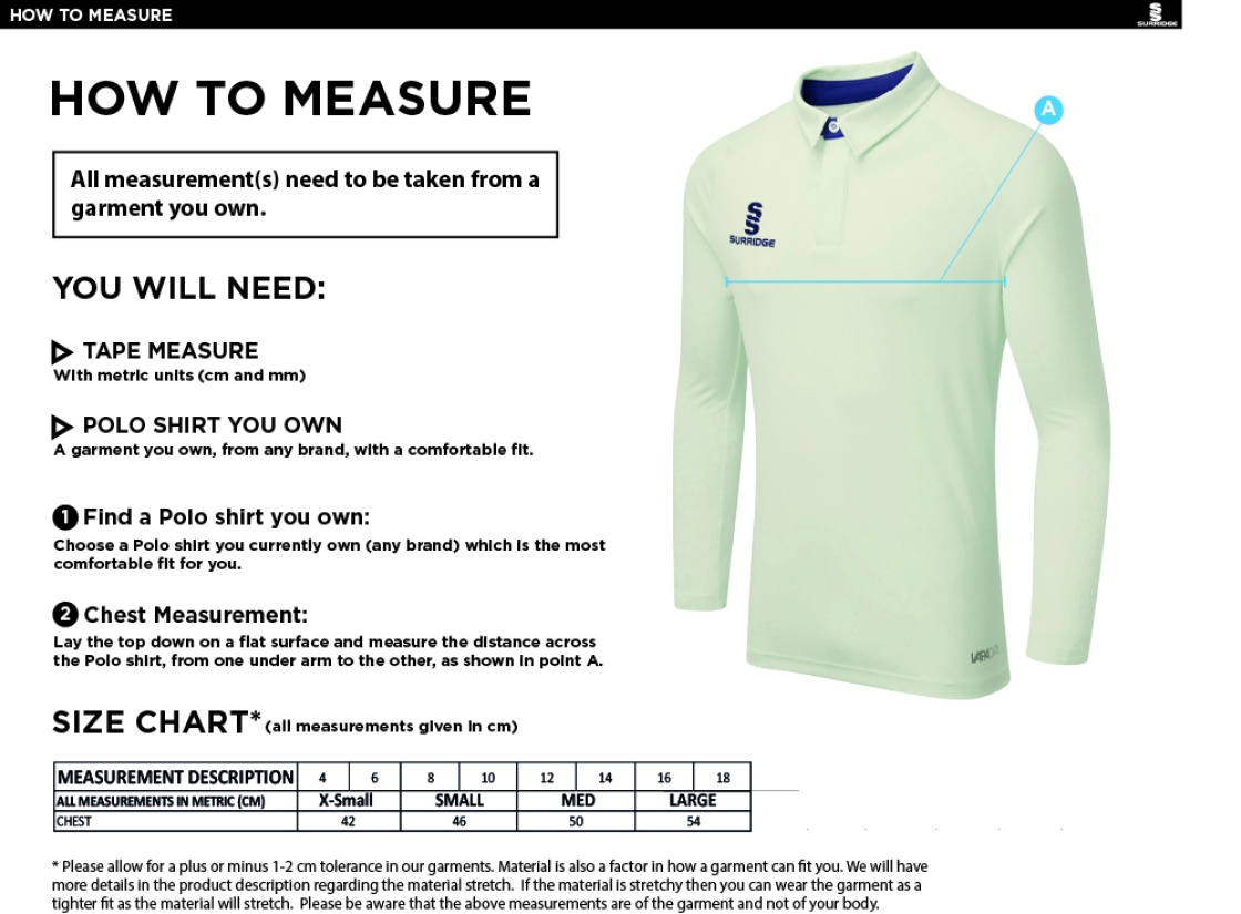 Ivanhoe CC - Dual Cricket Shirt Long Sleeve - Women's Fit - Size Guide